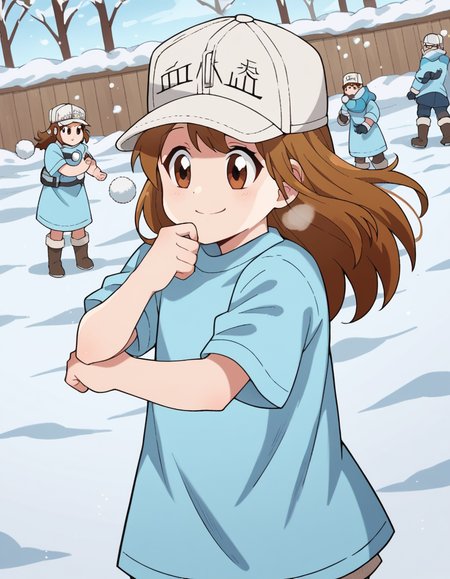 score_9, score_8_up, score_7_up, source_anime, <lora:platelet-s1-ponyxl-lora-nochekaiser:1>, platelet, long hair, brown hair, brown eyes,, shirt, hat, short sleeves, boots, white headwear, blue shirt, flat cap,, snow day, winter clothes, snowball fight, laughter, cold breath, white landscape, smile, , hand resting on chin, solo,, cowboy shot, dutch angle