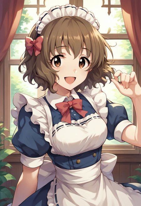 score_9, score_8_up, score_7_up, source_anime,namiki meiko, brown hair, brown eyes, short hair, 1girl, solo, smile, open mouth, bow, maid headdress, looking at viewer, :d