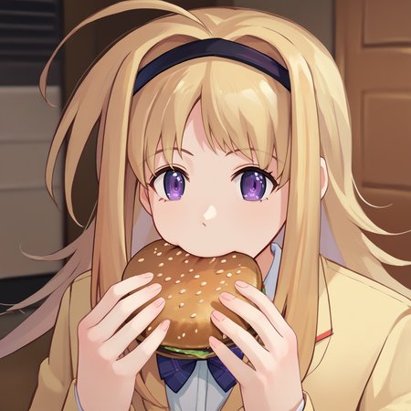 score_9, score_8_up, score_7_up, score_6_up, source_anime, BREAK 1girl,  <lora:chnanami-pdxl-nvwls-v1-000006:1> chnanami, blonde hair, purple eyes, hairband, bowtie, yellow blazer, <lora:jermawhopper-pdxl-nvwls-v1:1> jermaWhopper, eating, burger, looking at you, upper body, simple background