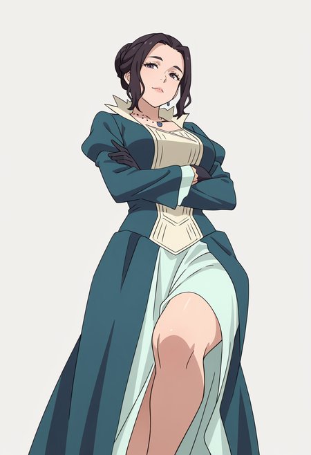 Smooth Quality,masterpiece,very intricate, high quality details, ultra realistic, high detailed skin,detailed enviorement,absurdres,
simple background, white background,
dynamic pose, arms crossed, one leg bent, confident stance, slight head tilt, relaxed hands,  ,from below,
 <lora:Blumund_Queen_cnn:0.7>blumundqueencnn,1girl, black hair, hair bun,mature female, 
long sleeves, blue dress, black gloves,jewelry, necklace,