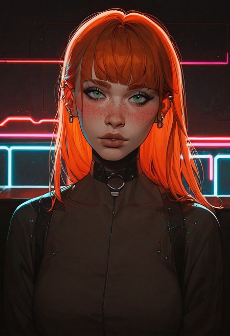 score_9, score_8_up, score_8_up, 1 girl, 1 Caucasian Ginger girl, ginger hair, freckles, ((long straight hair)), ((bangs)), piercings, choker, full body portrait, at restaurant, looking at viewer, blushing, ((cyberpunk, streetwear)), looking at viewer, blushing, average tits, teardrop shaped tits, fit body, thin waists, beautiful, neon lighting, negative_hand, g0thicPXL, GTA