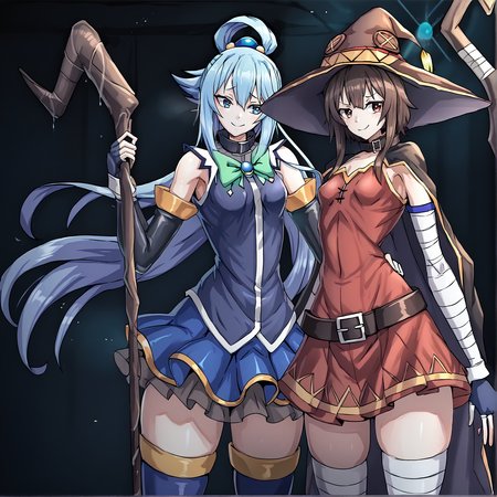 , cnvsls <lora:Canvassolaris_Style:1>Megumin <lora:Megumin_Pony-10:1>  , small breasts, sagging breasts, smiling, holding a wizard staff, short_hair, sidelocks, brown_hair, red_eyes, fingerless_gloves, bandaged_leg, black_gloves, witch_hat, black_belt, red_dress, short_dress, asymmetrical_legwear, black_collar, black_cloak, black_hat, black_thighhigh, 2girls, hugging BREAK, aqua /(konosuba/), long hair, blue eyes, hair ornament, very long hair, blue hair, hair rings, single hair ring || blue skirt, blue shirt, thighhighs, bare shoulders, detached sleeves, white thighhighs, green bow,blue boots <lora:Aqua_konosuba_V1:1>, detailed, masterpiece,score_9, score_8_up, score_7_up, score_6_up, best quality