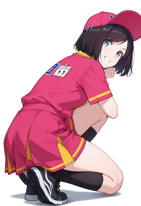 masterpiece,high quality details, absurdres,
 <lora:Sara_Takahashi:0.8> 
sara_cnr,1girl, black hair, bob cut,  short hair, bangs, blue eyes,
 sara_s1, employee uniform,pink shirt, short sleeves,skirt, hat, baseball cap, black socks,black sneakers,, simple background, white background, from behind,solo,, grin,pensive,, determined expression,one knee raised to chest,looking forward,