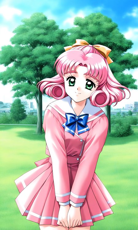 general,highres, ultra-detailed,very aesthetic,best quality ,best hands, BREAK <lora:Minagawa_Nana_kakyuusei_Ver2.0_IS:1>
Minagawa_Nana(kakyuusei), 1girl, solo, pink hair, short hair, hair bow, ribbon, green eyes, curly hair, 
school uniform, long sleeves, bangs, pink skirt, pink jacket, pleated skirt, blue bow, white shirt,
smile, v arms, cowboy_Shot,
grass, tree, sky, day,