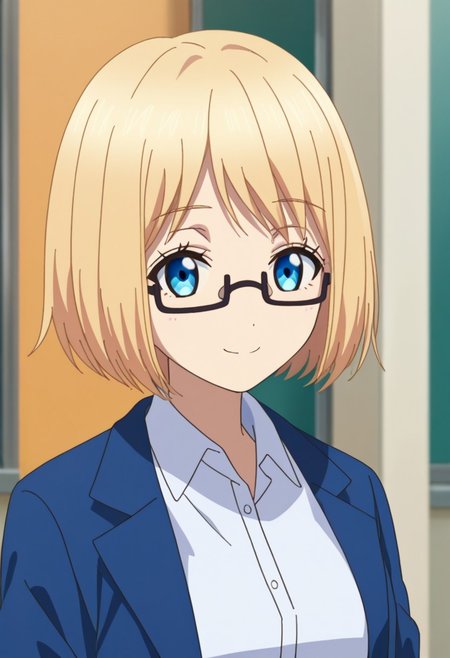 score_9, score_7_up, source_anime
ChisatoMizusawa, 1girl, solo, blue eyes, glasses, blonde hair, short hair, shirt, collared shirt, jacket, smile
outdoor,