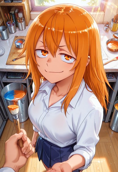 1girl, solo, masterpiece, best quality, newest, absurdres, CG, anime, source anime, illustration, very aesthetic, high resolution, ultra-detailed, newest, scenery, medium depth of field, rule of thirds, masterpiece-level, clean lines, Nagatoro_Hayase
BREAK 1girl, ((solo)), (solo focus:1.25), Gamou_Maki, orange_eyes, orange_hair, long_hair, hair_between_eyes, medium_breasts
 school_uniform, white_shirt, collared_shirt, pleated_skirt, blue_skirt, sleeves_rolled_up
standing, paints on the viewer itself, smug, teasing, holding a paintbrush in her hand, looking up,  looking at viewer, from above, pov,
indoors, art studio, canvases on stands, paint cans, brushes, day, alternate poses, sunny day, sunlight, from both sides
cinematic angle, various angles, detailed background, beautiful background, (rays light:1.0),(grow:1.0) mystical, luminism, vibrant colors