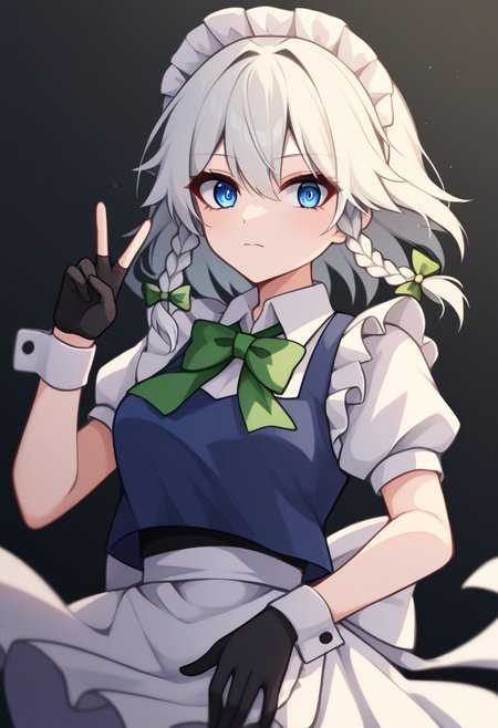 score_9,score_8_up,score_7_up,<lora:touhou_146:1>,1girl, @_@, absurdres, apron, black_background, black_gloves, blue_eyes, blue_vest, bow, bowtie, braid, closed_mouth, collared_shirt, cowboy_shot, eyelashes, gloves, green_bow, green_bowtie, hair_bow, highres, izayoi_sakuya, light_blush, looking_at_viewer, maid, maid_headdress, medium_hair, puffy_short_sleeves, puffy_sleeves, shirt, short_sleeves, solo, twin_braids, v-neck, vest, waist_apron, white_apron, white_headwear, white_shirt