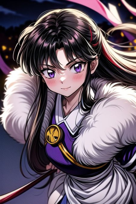 masterpiece,  best quality 1girl Setsun4 solo long hair,  (night time) forest background black hair very long hair purple eyes multicolored hair armor (fur trim) (medium body),<lora:EMS-179-EMS:0.800000>,<lora:EMS-293862-EMS:0.800000> bow, hair_bow, hair_tubes, red_bow, brown_hair, long_hair, bangs, ascot, frilled_bow, yellow_ascot, blush, smile, hair_between_eyes, athletic, armor, miko