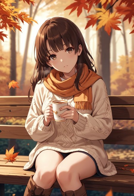 score_9, score_8_up, score_8, score_7_up, source_anime, 
1girl, katou megumi, Megumi <lora:KatoMegumi:1>,brown hair,katou megumi,brown eyes, medium breasts , long hair,   masterpiece, best quality, autumn forest theme, warm golden leaves, wearing a cozy oversized sweater (cream), brown boots, sitting on a wooden bench surrounded by fallen leaves, holding a steaming cup of tea, soft scarf (light orange) wrapped loosely, sunlight breaking through tree branches, calm and introspective expression, slight head tilt, blurred background with autumn foliage, rich warm color palette, cinematic depth of field, tranquil and nostalgic atmosphere
