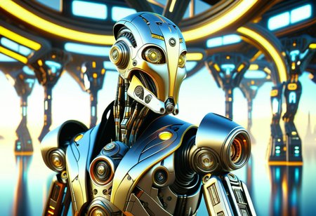 hyper detailed masterpiece, dynamic,awesome quality,DonMX3n0T3chXL, male ig-88 assassin droid, spy,, vambrace , tech, futuristic <lora:DonMX3n0T3chXL-000006:1>