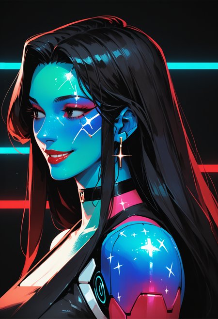 score_9, score_8_up, score_7_up, score_6_up, score_5_up, score_4_up,
<lora:CyberDollsV3.1:1> cyb3rd0lls, android, colorful skin, 
, 1girl, solo, long hair, smile, simple background, black hair, upper body, choker, black eyes, looking to the side, sparkle, black choker, red lips