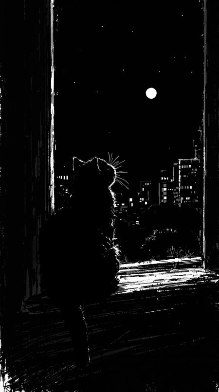 a black and white sketch of a black cat crouches on a windowsill at night, staring out into the dark with its tail curling slightly upward