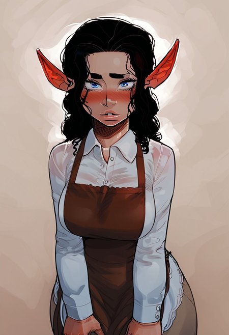 safe_pos, 4LFI3V1, source_anime, artist style: incase, colorful, score_9, score_8_up, score_8, 1girl, uru5h1h4r4, BREAK, shortstack, lips, long_hair, wavy hair, black hair, half_elf, halfling, shortstack, pointed_ears, blue_eyes, light_skin, petite, large_breasts, curly_hair, brown_apron, shy_expression, urushihara_satoshi