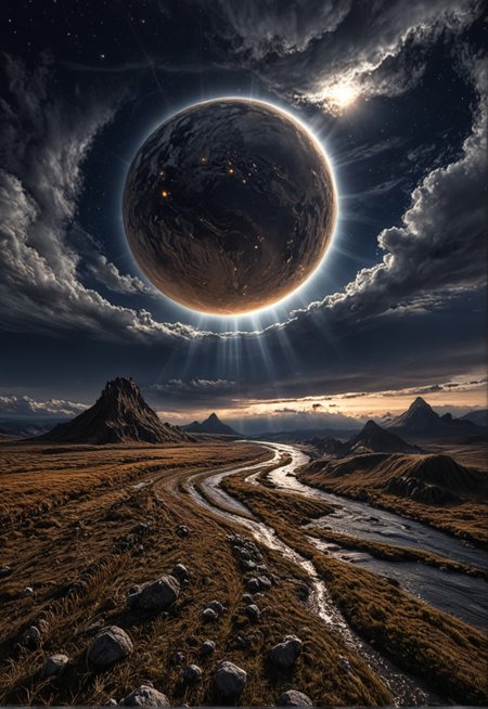 masterpiece, best quality, amazing quality
,outdoors, sky, cloud, water, no_humans, night, sunlight, cloudy_sky, star_\(sky\), night_sky, scenery, starry_sky, rock, light_rays, mountain, road, sunbeam, planet, river, waves, landscape, shore,A stunning digital illustration shoot from below about a dramatic landscape with a large, glowing planet and a river flowing through it, set against a dark, stormy sky. the image also shows dramatic lighting, dramatic clouds, and distant mountains in the distance. on the middle of the image, a rocky landscape appears to be barren, with a river running through it. the sky is filled with dark, ominous clouds and a bright, glowing moon is visible above the planet. the sun is shining brightly, casting rays of light across the landscape, creating a dramatic effect. the water is calm and reflects the light from the moon, adding to the dramatic atmosphere.
solo, sky, cloud, water, no humans, mountain, river, cloudy sky, meteor shower