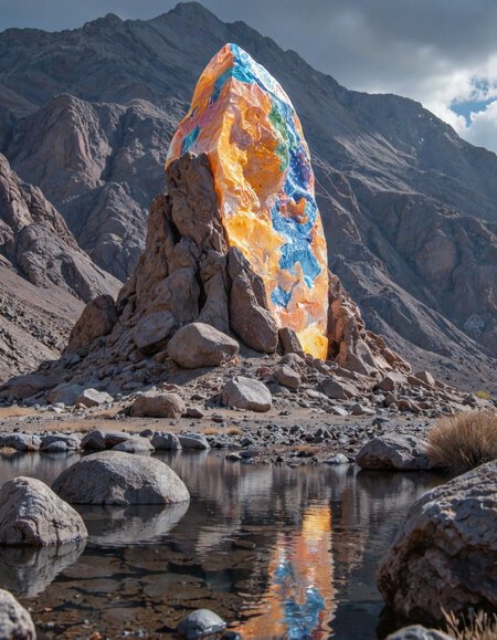 A photograph of extremely detailed, landscape of an unknown planet, (futuristic monolith:1.8), the monolith is (covered:1.1) with minerals and rare crystals of an alien type, The crystal has sharp, geometric facets in shades of deep orange and blue, amethyst, and emerald, with a subtle internal glow, futuristic landscape, lake, cloudy weather, unreal engine 5, perfect composition, vibrant, rtx, hbao, extremely detailed, maximum resolution, 8k, (perfect composition:1.2), superior color grading,  (realistic:1.4), (panoramic composition:1.5), (night photography:1.5), complementary colors, foggy atmosphere.