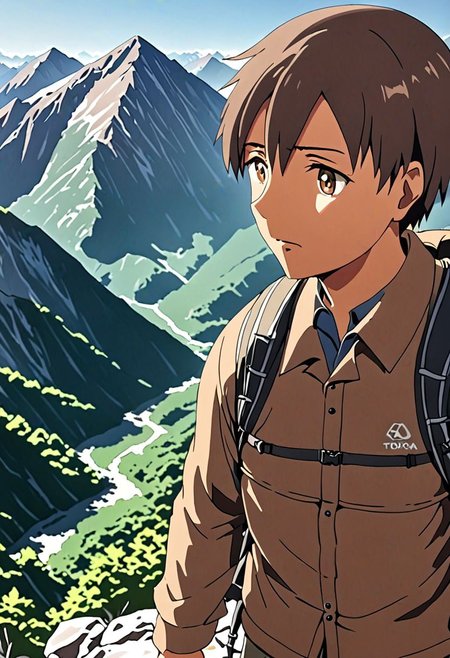 high resolution, solo, best quality, 1Boy, Takaki Toono, Brownish Hair, Brown Eyes, landscape, looking away, high mountain, hiking gear, shallow depth of field, OverallDetail