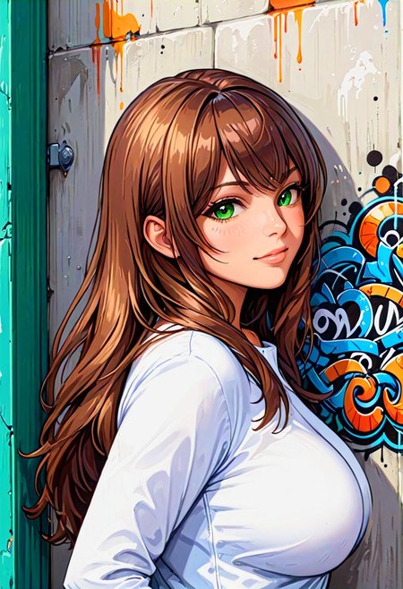 1girl,  (Latina model Izabel Martinez, sexy, healthy, long hair, brown hair, green eyes, tanned, mid parted hair, curvy, perfect big breasts, perfect big butt, thigs, standing, casual, hidden hands, white shirt, jeans, upper body, long sleeves, tile wall, against wall, graffiti, from side, seductive smile, long bangs.
High detailed grafitti wall backdoor.
masterpiece, best quality, photorealistic art,  <lora:add_detail:0.7> AnjelikaV2