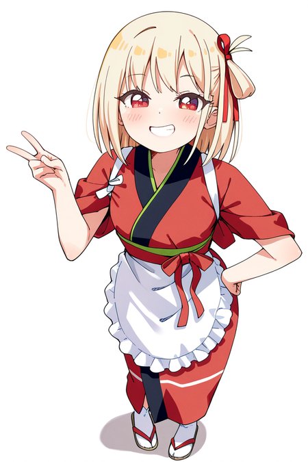 masterpiece, best quality, amazing quality,
 <lora:Haru_IL:1> haru, 1girl, blonde hair, japanese clothes, solo, red kimono, smile, red eyes, kimono, hair ribbon, ribbon, v, short hair, bangs, red ribbon, looking at viewer, white background, tasuki, grin, simple background, apron, blush, one side up, hand on hip, tabi, sandals, chisato