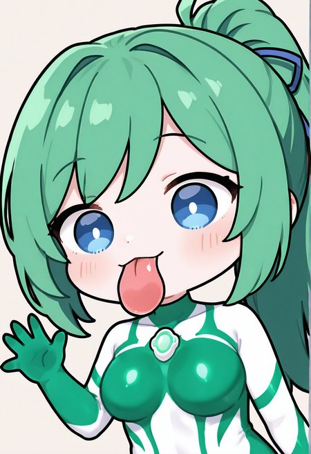 <lora:ultragirl_jue_ill_v1.0:1>,jue,green hair,ponytail,long hair,blue eyes,bodysuit,green chest jewel,white chest jewel,multicolored bodysuit,green body markings,impossible bodysuit,
1girl,solo,
<lora:licking pose_noob11-xl-e3:1>,licking pose,chibi,tongue,waving,upper body,
BREAK, textless version,