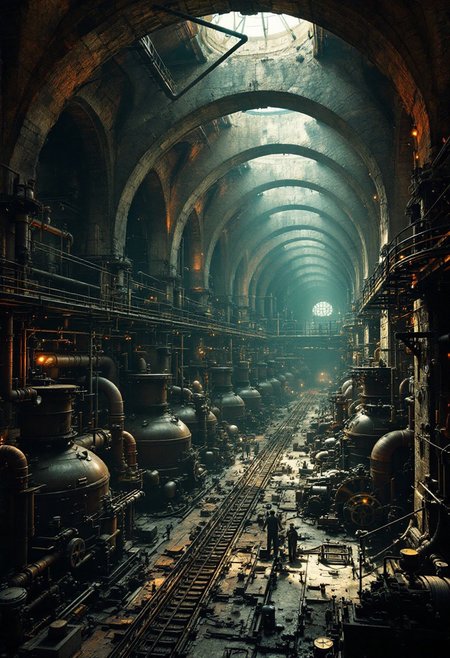 A vast industrial room beneath a city, the cavernous expanse supported by arches meeting at columns. A mass of pipes, gauges, boilers, valves, gears and wheels fill the room with a sense of industry and motion