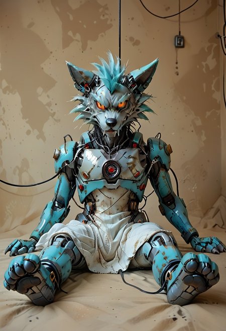 (((Barefoot furry character, full body, cinematic setting, furry male, plantigrade))) 
(((Gilliam))), wolf boy, white pajama, ((wired, hijacked, hacked, corrupted, reprogrammed, brainwashed, mindwiped, )), sitting, spread legs, m pose, nice metalic feet paws, ((nice robotic feet paws)),  three toes, claws, pawpad, determined look, (((restrained))), tilted head, drooling
BREAK
(((gilliam wolf, evil eye, sharp, red fluff tail, cyan hair, robot, cybernetic wolf, metallic))), (((screens with matrix code)))
BREAK, intricate details, highly detailed, extreme detail, octane render, fine art, best quality, highres, (detailed face:1.5), ((full_body)), UHD, (((perfect hands))), low light