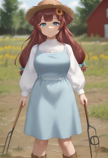 1girl, solo, solo focus, highres, absurdres, RemiSprings, hair flower, sunflower hair ornament, brown hair, long hair, bangs, blue eyes, straw hat, 
blue dress, white shirt, hair bow, blue bow, bangs, long sleeves, mature female, large breasts, 
looking at viewer, smile, closed mouth, holding pitchfork, pitchfork,
brown boots, light particles, full body, 
day, sunlight, rural, barn,