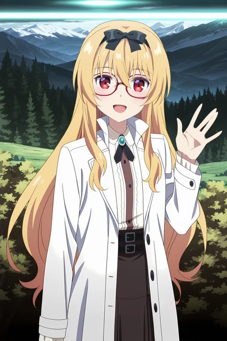 anime screencap, anime coloring, detailed face, masterpiece, best quality, very aesthetic, absurdres, volumetric lighting,
<lora:Yue_Arifureta_r1:1>
outside, trees, mountains,daytime,
Yue (character), blonde hair, 1girl, red-rimmed glasses, long hair, red eyes, solo, parody, hair between eyes, shirt, hair bow, looking at viewer, black bow, :D, mouth open, smile, waving to the viewer, cowboy shot