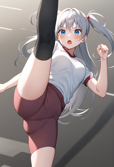 1girl,sincos, ningen mame, toosaka asagi,solo,medium breasts,gym uniform,pants,
axe kick, kicking, standing on one leg, leg up, high kick, standing split,<lora:axekick_XL_v1:0.8>
from above, cinematic angle, looking down, gray hair, blue eyes,evil, parking lot, open mouth, two side up hair,,
best quality, very aesthetic, absurdres