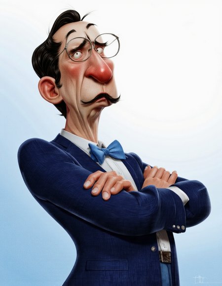 Art by Jean-Baptiste Vendamme. A cartoonish, cartoony digital illustration from a frontal camera angle about a cartoonish character with a mustache and glasses, wearing a blue suit and bowtie, standing confidently with crossed arms. the image also shows a stylized, cartoonish style with exaggerated features. on the middle of the image, a middle-aged man who appears to be in his late 60s or early 70s, with short black hair and a mustache, is standing with his arms crossed, looking to the side with a surprised expression. he is wearing a dark blue suit with a white shirt and a blue bow tie, and has a pair of glasses perched on his head. his facial expression is one of confusion, with his eyes wide open and his mouth slightly open, as if he is deep in thought. his hair is styled in a short, messy manner, and he has a mustache that is slightly raised, giving him a mischievous look. the background is a simple gradient of light blue to white, and the overall style is reminiscent of classic cartoon art with bold lines and bright colors.