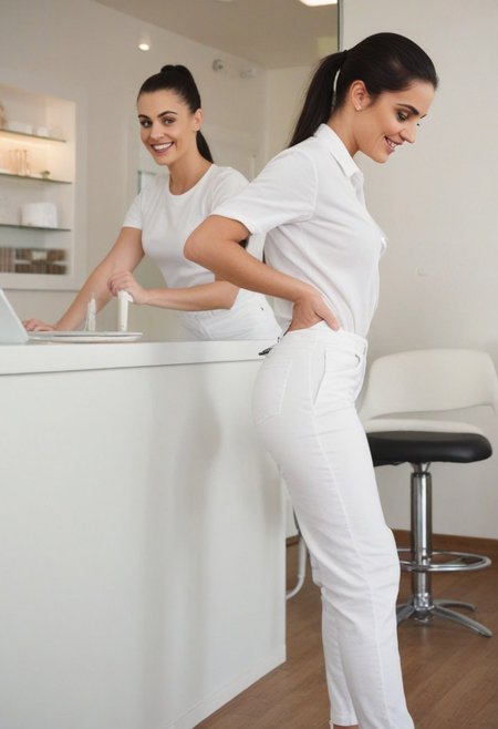White woman, 30yo, long dark black hair in a ponytail bun, working in a beauty salon Wearing white shirt, white pants, white shoes.
Background fully furnished. women in background.
Woman smirking.
Grainy photo. Film Grain style