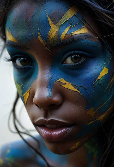 Close-up face, mysterious silhouette of an exotic coloured girl in worn down clothing, light war-paint over eyes only, goddess, alluring, by Minjae Lee, Carne Griffiths, Emily Kell, Steve McCurry, Geoffroy Thoorens, Aaron Horkey, Jordan Grimmer, Greg Rutkowski, amazing depth, double exposure, surreal, geometric patterns, intricately detailed, bokeh,  perfect balanced, deep fine borders, artistic photorealism , smooth,  great masterwork by Suiras  <lora:add-detail-xl:2>  <lora:Double_Exposure:0.5>