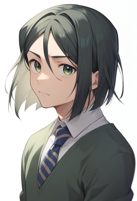 score_9,score_8_up,score_7_up,<lora:fate_zero_all:1>,1boy, character: waver_velvet, solo, simple_background, white_background, male_focus, looking_at_viewer, green_eyes, hair_between_eyes, black_hair, short_hair, collared_shirt, green_sweater, shirt, sweater, white_shirt, blue_necktie, cropped_shoulders, necktie, striped_necktie, highres, :<