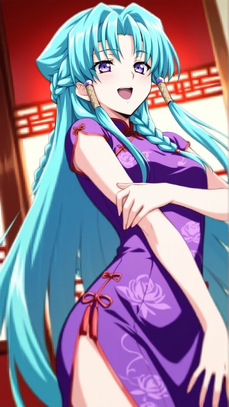 source_anime, general, best quality, masterpiece, 1girl,  <lora:shana_mia_ill_v1.0:1.0> shana_mia\(srw\),purple eyes,long hair,braid, very long hair,aqua hair, hair tubes, china dress, happy, (embarrassed:0.8),  dynamic pose, dutch angle,