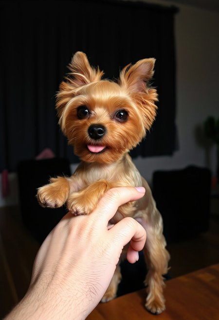 Ultra-realistic 32K photographed, a tiny cute yorkshire terrier dog allab with disheveled fur sitting on a human index finger, the finger is positioned sideways with clear detail of the skin's texture. The messy hair adds character to the scene, background is slightly out of focus, natural light gently highlights the subjects, shot with a Leica Q2, strong color contrast and sharp clarity, ultra sharp focus photo, cinematic, beautiful, vibrant, masterpiece, 32k, ultra HD, ultra-detailed, amazing quality, amazing artist, sharp edges, detailed textures, full view, atmospheric lighting, amazing visuals.