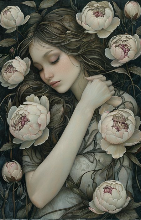 masterpiece,best quality,<lora:tbh220-sdxl:0.9>,illustration,style of Jessica Galbreth decaying peonies