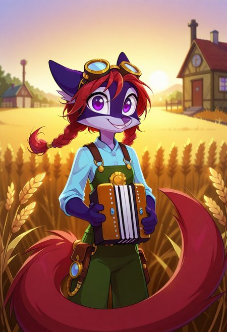 Dreamkeepers,Indi_and_Digo,1girl,solo,furry,tail,source_furry,,red hair,purple fur, purple eyes,
child, kid,
masterpiece, best quality,  long hair, twin braids, farmer outfit,(steampunk), goggles, googles on head, bag, wheat field, outdoors, wind, accordion, holding instrument, playing instrument, gloves, wheat, sunset, farm, house, scenery, landscape, blurry, blurry background, looking at viewer,  smile
