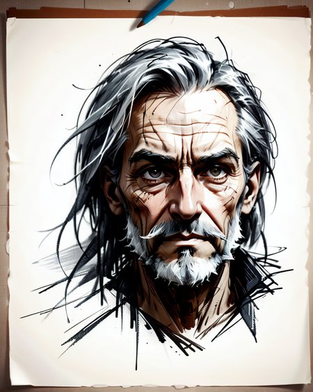 concept art, black ink and brush style, the face of a 85 year man who has been struggling through the bleak dreary drudgery of life, square shaped face, detailed skin, detailed skin texture, skin pores, vellus hair, crystal clear light grey eyes, (leathery skin, worn damaged skin, thin paper like skin , wrinkled skin, loose skin:1.3) sunken eyes, flat bulbous nose, crooked nose, high cheekbones, (sunken cheeks:1.3), prominent chin, deep worry lines, gaunt, broken, (long hair, full head of hair, thick hair, white hair, wild wiry hair, hair sticks straight up like a mad scientist, unkempt hair:1.3),  (long wiry white beard, messy wild beard, big thick wildly bushy eyebrows, grey eyebrows, thick visible ear hair, long visible nose hair:1.3), thin sunken lips like, has no teeth, (prominent underbite:1.3), it feels like everything and everyone has been trying to drag him down as he just tried his best to get through every damn day, dark, ominous, wrinkled denim jean shirt,