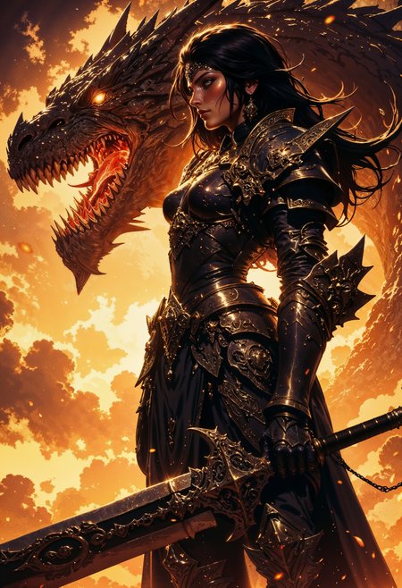 side view, a fierce female warrior with long black hair and glowing amber eyes, standing against a fiery, stormy sky. She wears ornate, dark armor adorned with gold accents and wields a massive, intricate sword. Behind her looms a colossal, menacing dragon with glowing eyes and sharp teeth, its mouth open in a roar. The lighting is dramatic, with golden highlights and shadows emphasizing the intense atmosphere.  <lora:FluxMythG0thicL1nes:0.6> <lora:RetroAnimeFluxV1:0.6> <lora:FredFraiStyle-FLUX-Share:0.6>  <lora:dark_fantasy_flux:0.6>