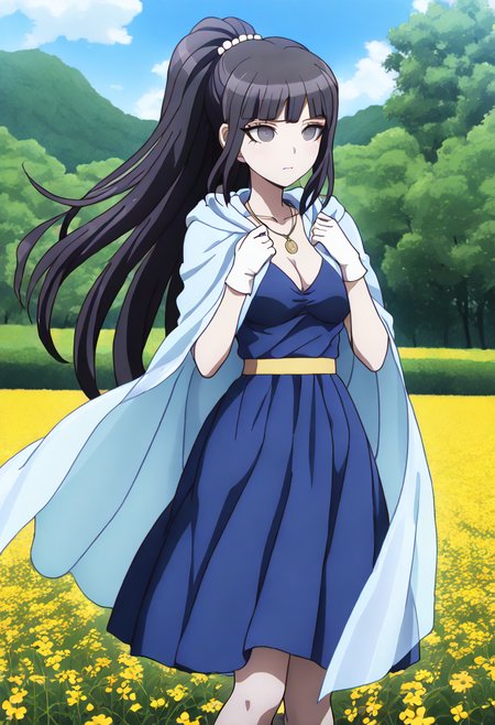 (((solo))),masterpiece, best quality, very aesthetic,  modern, modern anime, latest, best_quality, extreme long shot , expression of grief , <lora:Mikako_Kurokawa_Illustrious:1>, This anime screencap is from Danganronpa the Animation.  Mikako Kurokawa wearing her dress from Danganronpa Another. She's wearing a dark blue dress with a plunging V-neckline. She's wearing a translucent shawl over her shoulders. She has long white gloves on. The dress is accessorized with a yellow belt at the waist. She has her long black hair pulled back into a ponytail. She is also wearing a gold cross necklace. She has a pale face and sharp, black eyes. Bangs frame her face. Mikako Kurokawa is standing in a field of wildflowers, her cloak billowing in the wind. She has just finished an exorcism and is now sensing the auras of the flowers, her eyes filled with wonder and curiosity.