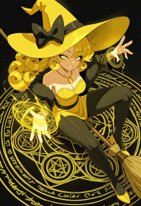 very awa, masterpiece \(quality\), year2024, year2023, West Studio, (vibrant colors), (high contrast:1.3), masterworks, best quality, amazing quality, very aesthetic, absurdres, (detailed eyes:1.5), expressive face, anime studio, anime art, (good hands:1.3), (better hands:1.3), (perfect hands:1.3), (dutch angles), from above view, ((looking towards viewers)), overview, BYQJ, long eyelashes, expressive eyes, perfect eyes, no outline, haiz_ai, no lineart, taro, tarot, ((the chariot)), ((vii)), colorful, full color:1.3, 
solo, female, (mature), yellow eyes, yellow hair, long hair, curly hair, side bangs hair, small-medium breasts, grin smile,
yellow witch hat with black ribbon, yellow minidress, bare shoulders, strapless, gold earrings, gold necklace, gold bracelets, black fur coat, pantyhose, yellow heels,
(conjuring yellow magic on her hand:1.5), (broom ridding pose:1.5), (side saddle pose:1.3), (sitting on the flyingbroom:1.5), (flying:1.3), (floating:1.3), mid air:1.3, (yellow magic circles forming around her:1.5), (intricate details and patterns on the magic circle:1.5)
abstract background, magical theme, magical background,