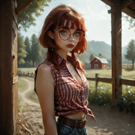 safe_pos, score_9, score_8_up, score_7_up, RAW, 85mm, f/1.2, photorealistic, realistic skin texture, realistic, 
0phelia, green eyes, 0ph glasses,
0ph shirt, 0ph shorts, 0ph belt, 0ph boots,
solo, from front, full body view, 
farm, wooden fence, sun,