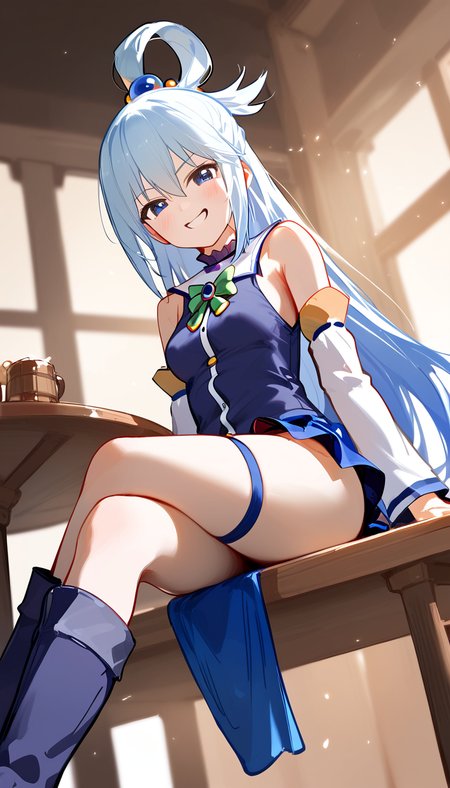 score_9, score_8_up, score_7_up, source_anime,
1girl, aqua \(konosuba\), kono subarashii sekai ni shukufuku wo!, sitting, crossed legs, (thigh boots), from below, miniskirt,looking at viewer, proud expression, grin, <lora:Expressive_H-000001:0.5>, masterpiece,best quality, absurdres, incredibly absurdres, very aesthetic, aesthetic, artist: dino \(dinoartforame\), concept art, realistic, blue hair, long hair, (dino \(dinoartforame\):2), <lora:add-detail-xl:0.6>, <lora:DInoballXLlokr8f:0.69>, pastel colors,  contemporary, 8k, hd, intricate, smooth, (elegant), cinematic, volumetric lighting, high detail, beautiful, hyper detailed, cleavage, colored inner hair, small breasts, skin tight, majestic, blue eyes, perfect eyes, <lora:PerfectEyesXL:0.8>, <lora:Difference_EdgeEmphasys:0.2>, (perky breasts), (seductive smile), indoors, detailed face, (anime, intricate:1.3), (hires textures, high detail:1.2),(incredibly detailed:1.4) , arrogant smile, smug face,  ultra-detailed, best shadow, (beautiful detailed face, beautiful detailed eyes), High contrast, high saturation, (best illumination, an extremely delicate and beautiful), blue footwear, on table, table, tavern, sleeveless, bare shoulders, detached sleeves, blue skirt