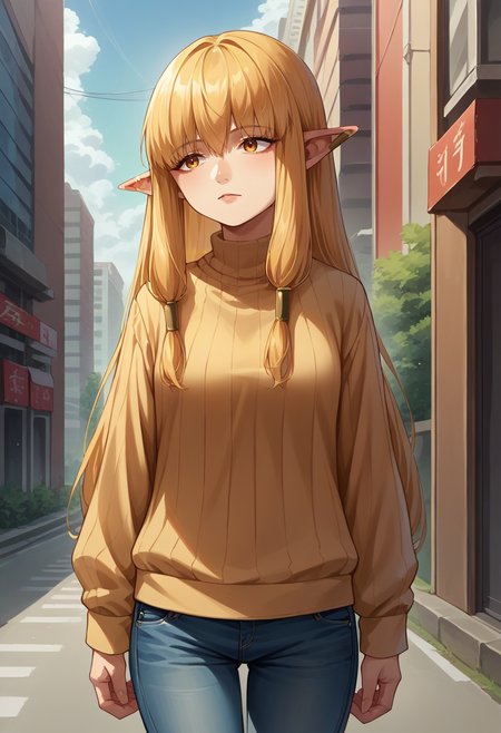 score_9, score_8_up, source_anime, 1girl, solo, Serie, long hair, hair tubes, ear bar, sweater, ribbed sweater, long sleeves, jeans, outdoors, city, <lora:ChamSeriePonyXL:1>
