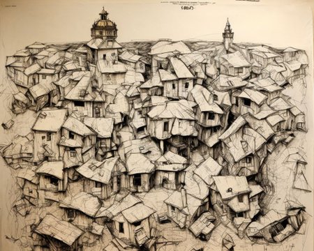 2 point perspective line drawing of 1800s Boston, by ParchArt
