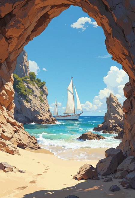Create a photorealistic image of a tranquil coastal scene, a white old sailing boat is focus. The image is dominated by a large, rugged rock formation on the left and a smaller but equally imposing rock on the right, framing the view of the sea beyond. The rocks have a rough texture and appear to be made of light brown sandstone. The sand in the foreground is fine and light beige, with footprints leading into the scene.In the background is the sea. The sky above is clear,  a white sailboat is visible on the ocean, a vibrant tissue of hues and textures captured digitally, best quality, realistic, captivating, intricately detailed, hyper detailed, maximalist style, dynamic lighting, superb composition, finest details, highest aesthetics, best quality, sharp focus, high contrast, stylized, clear, colorful, ultra quality, whimsical, fantastic, splash art, intricate detailed, hyperdetailed, maximalist style, hyper detailed, maximalist style,  concept art, sharp focus, harmony, serenity, calm, mysterious glow, dynamic lighting, superb composition, sharp focus, high contrast, stylized, clear, colorful, ultra quality,  best quality, DB4RZ, DB4RZ style painting, NeoPigma, in the style of cksc, anime, cyberpunk, a masterpiece, award winning