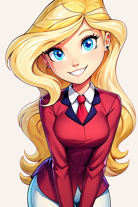 score_9, score_8_up, score_8, medium breasts, (curvy), cute, eyelashes,       ,,, ,  zzSarahWhitney, blue eyes, blonde hair, long hair, red shirt, necktie, white pants,  <lora:SarahWhitneyHorseland_PDXL:1.0>, , BREAK, looking at viewer, ,,, smile, upper body, leaning forward, head tilt, ,,, embedding:zPDXL, Expressiveh, ,,, <lora:theButcherXPDXL:0.8>, <lora:CatalystStylePDXL:0.6>, <lora:SDXLFaeTastic2400:0.5>, <lora:Expressive_H-000001:0.4>,