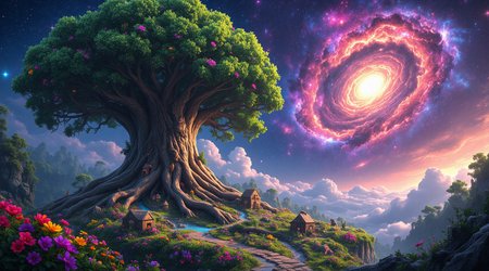 A colossal, ancient tree with thick, gnarled roots and vibrant green leaves stands in a stunning close-up shot, showcasing every intricate detail. Its bark is textured like a natural cityscape, with miniaturized homes and pathways carved into the surface. The vibrant flowers bloom in dazzling hues of electric purple, neon yellow, and fiery pink, with tiny rivers sparkling through the foliage, reflecting the intense light. Small animals resembling squirrels and birds playfully navigate the enormous branches, each animal perfectly detailed. Above, the sky transitions into a breathtaking cosmic expanse of Andromeda, with swirling galaxies in electrifying purple, deep pink, and radiant blue tones, radiating with luminosity. The stars shine brightly, and soft, translucent clouds hover near the base, adding to the surreal and magical atmosphere. Ultra HD, 16K, intensely vibrant color tones, dramatic lighting that enhances every minute detail of the living ecosystem and the awe-inspiring backdrop of the cosmos.