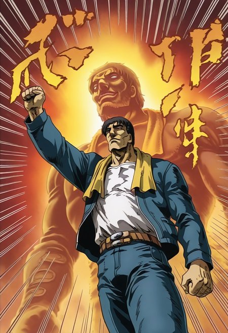masterpiece, general, best quality, amazing quality, very aesthetic, ultra-detailed, absurdres, highres, best hands, guizuo \(style\), 1man, male focus, solo, black short hair, middle-aged man, yellow towel around neck, blue jacket, open clothes, white shirt, shirt tucked in, blue pants, brown belt, kuinashi, hell, (emphasis lines:1.4),