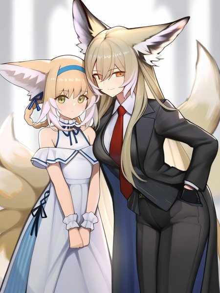 masterpiece, best quality, very aesthetic, highres, absurdres,(miurahha, bacius, ririko \(fhnngririko\):0.4), <lora:vulpisfoglia:1>,white shirt, wrist cuffs, red necktie, suzuran (arknights), off shoulder, black coat, dress, black jacket, long sleeves, fox girl, multiple tails, pants, vulpisfoglia (arknights), hair rings, collared shirt, black gloves, looking at viewer, grey background, smile, formal, animal ear fluff, closed mouth, 2girls, suit, blue hairband, official alternate costume, bare shoulders, kitsune