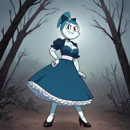 (Masterpiece, best quality:1.2), score_9, score_8_up, flat color, flat shading, soft shading, lighting, Jenny Wakeman as an adult, (((in a 1950's full length formal dark blue dress, a white belt, a fluffy frilly ruffled full white petticoat, and black high heels))), dress, layered petticoat, frilly petticoat, fluffy petticoat, full petticoat, detailed petticoat, wide skirt, detailed outfit, flowing skirt, (((long skirt))), (((solid dark blue colored dress, black high heels))), blue hair, series accurate, cute, best high quality, high res, robot, humanoid robot, (((giant breasts, cleavage))), whole body shot, 1girl, (((solo, outside, in a dark creepy forest, at night, heavy fog surrounding her, fog, heavy fog, looking at you, low angle))), (((evil, evil smile, determined evil eyes, posing gracefully and evilly))), low angle shot, cartoon, cartoon style, vector, solo, circle dress, 1950s, dance dress jenny, jenny wakeman, 1girl, solo, robot joints, black eyes, white skin, ponytail, hair bow, blue rose chest corsage, poofy dress, blue hair, flat lighting,